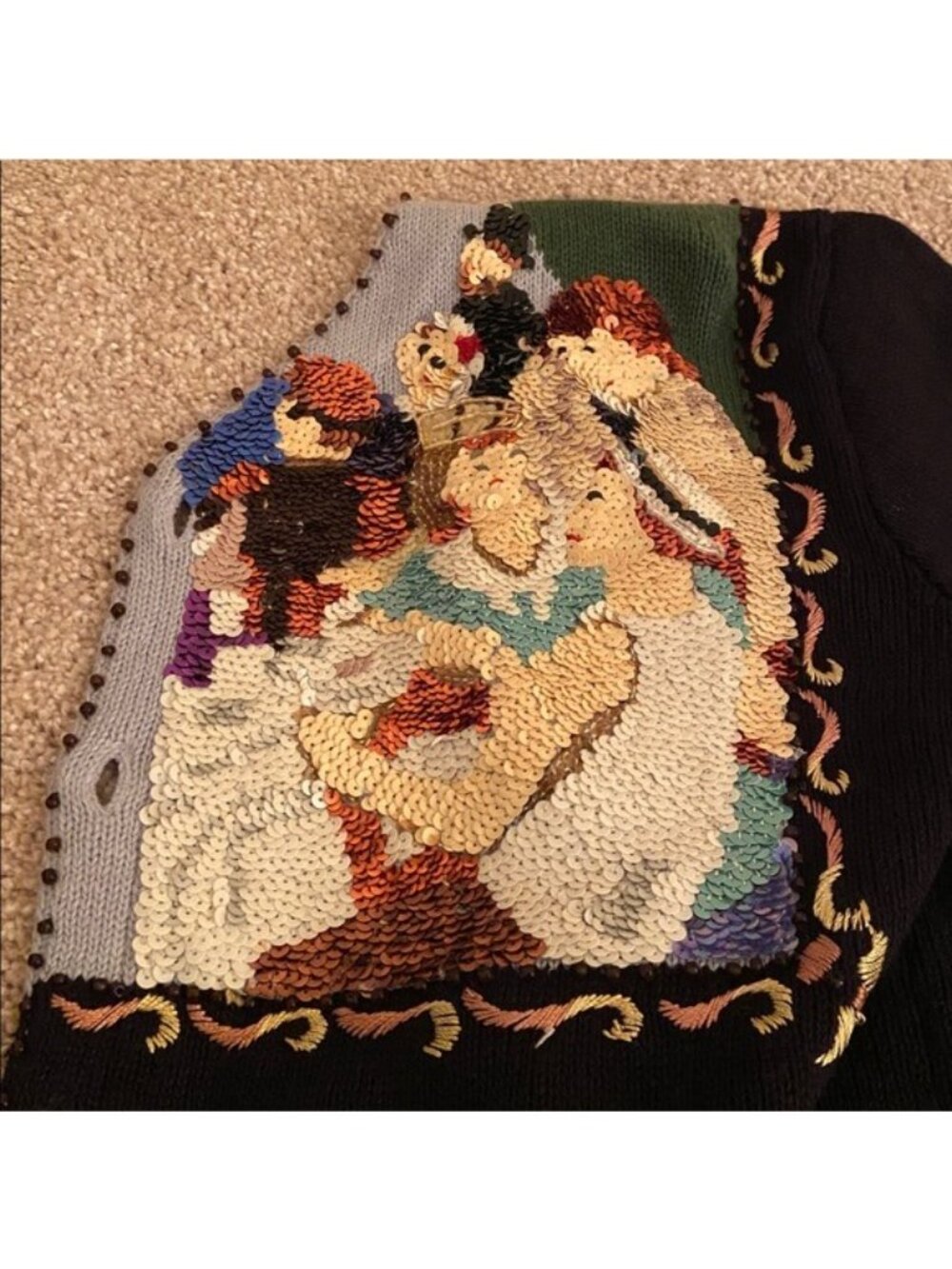 Storybook Knits Art Cardigan Sweater XS Renoir Boating Party Beaded Sequin - Picture 3 of 8